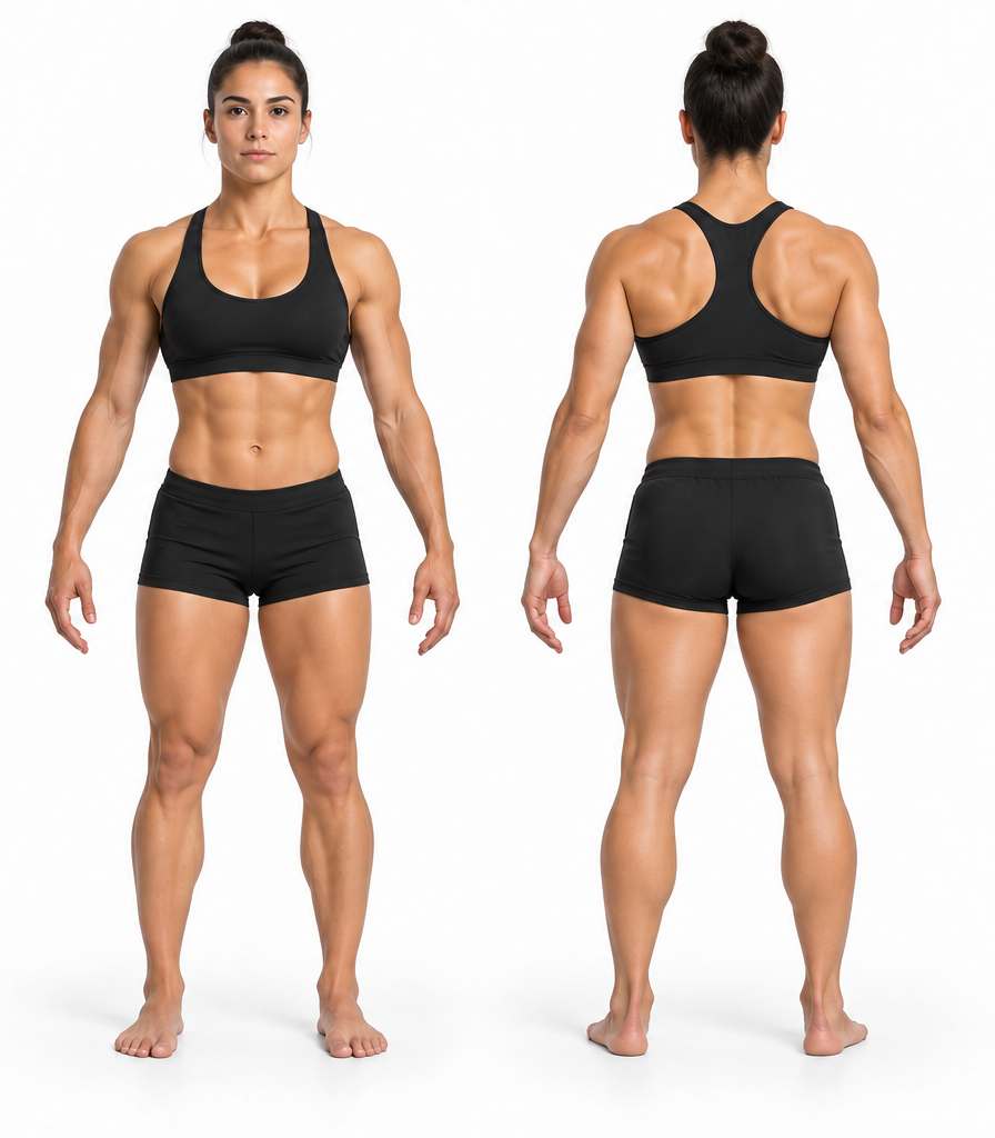 Front and back athlete views from Onefitt’s muscle-based exercise library